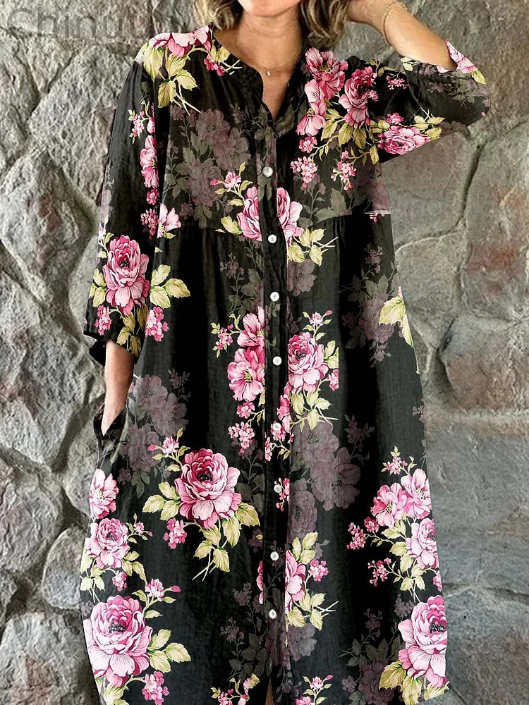 Women's Elegant Vintage Floral Print Shirt Style Cotton and Linen Dress