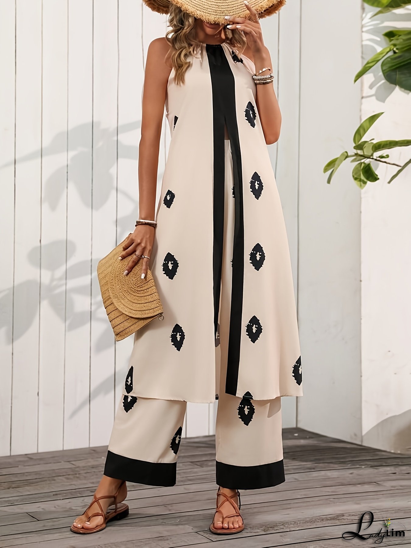 Women's 2pcs Bohemian Beachwear Set - Lace Trim Cardigan & Wide-Leg Pants with Turquoise/White Print, Coral Pink & Black Jacket & Pants, All-Season Resort Outfit for Vacation, Casual to Dressy Events (Hand Washable) - 2pcs