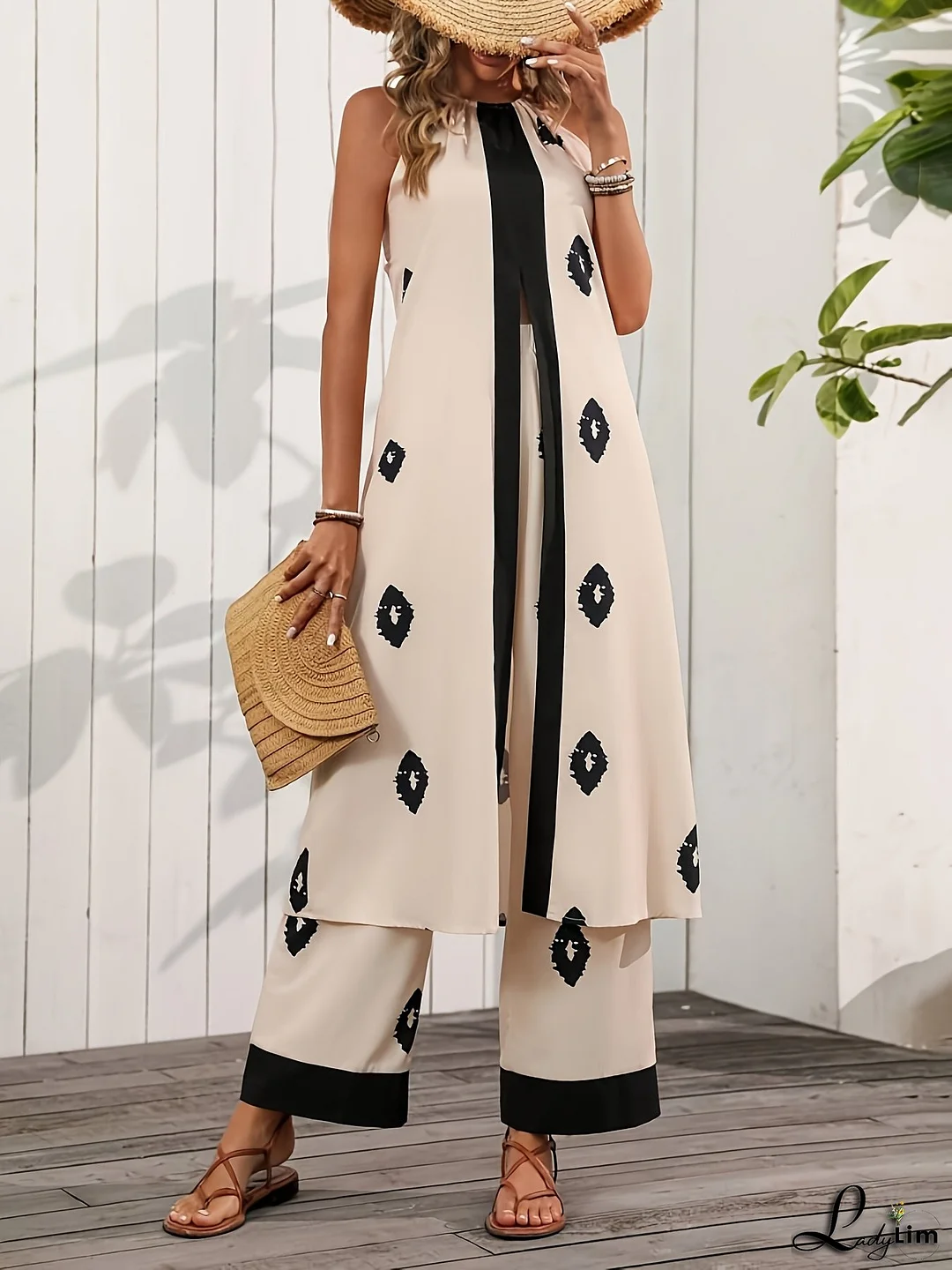 Women's 2pcs Bohemian Beachwear Set - Lace Trim Cardigan & Wide-Leg Pants with Turquoise/White Print, Coral Pink & Black Jacket & Pants, All-Season Resort Outfit for Vacation, Casual to Dressy Events (Hand Washable) - 2pcs