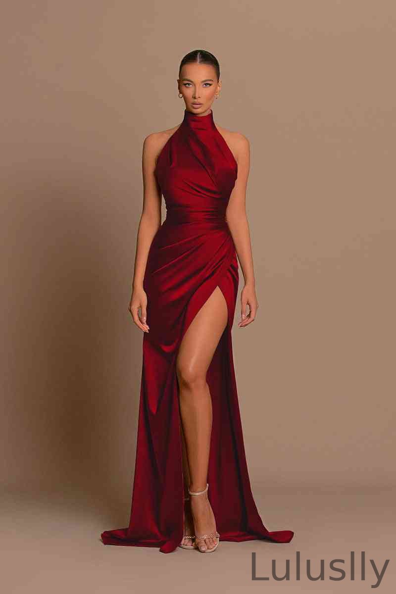 Luluslly High Neck Sleeveless Prom Dress Mermaid Slit Long With Pleats