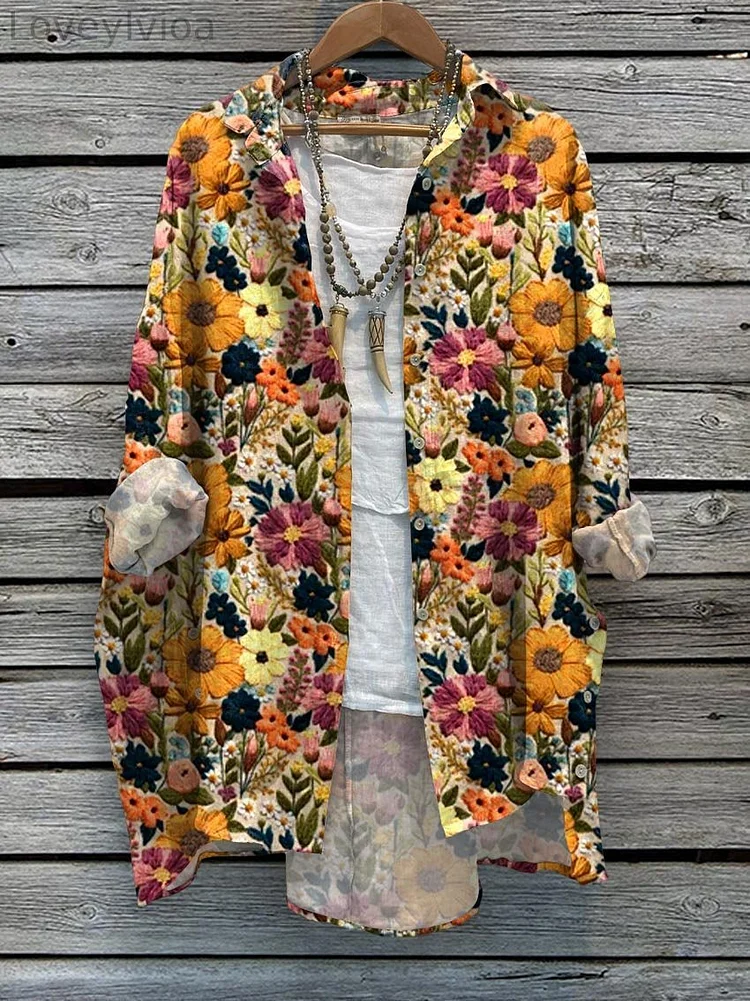 Women's  Flowers Print Casual Cotton And Linen Shirt