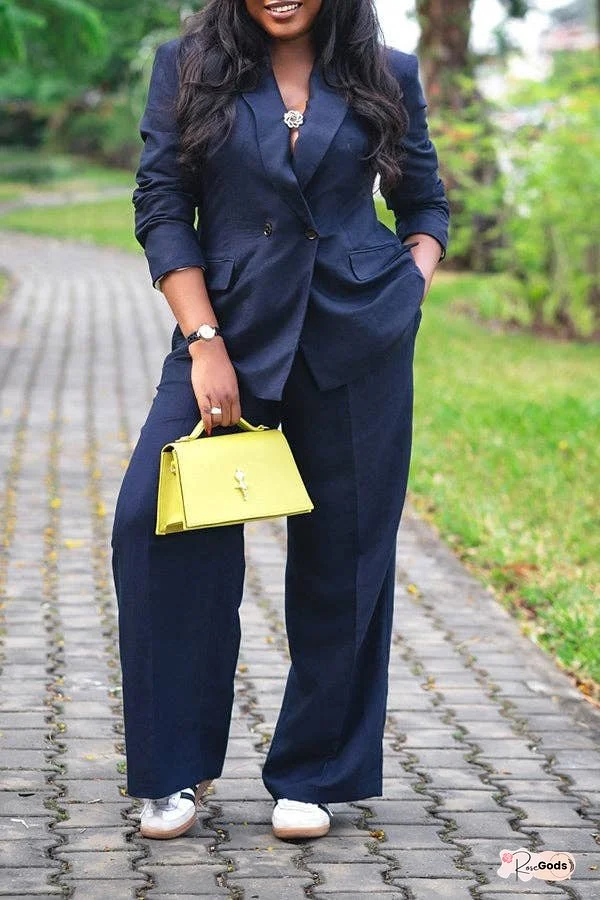 Casual Solid Color Suit Jacket & Trousers Set