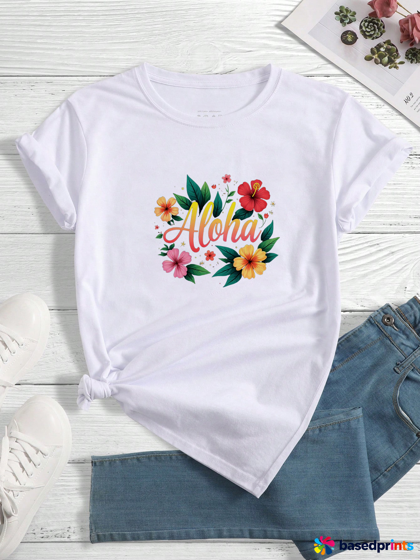Aloha Tropical Floral Graphic Tee White