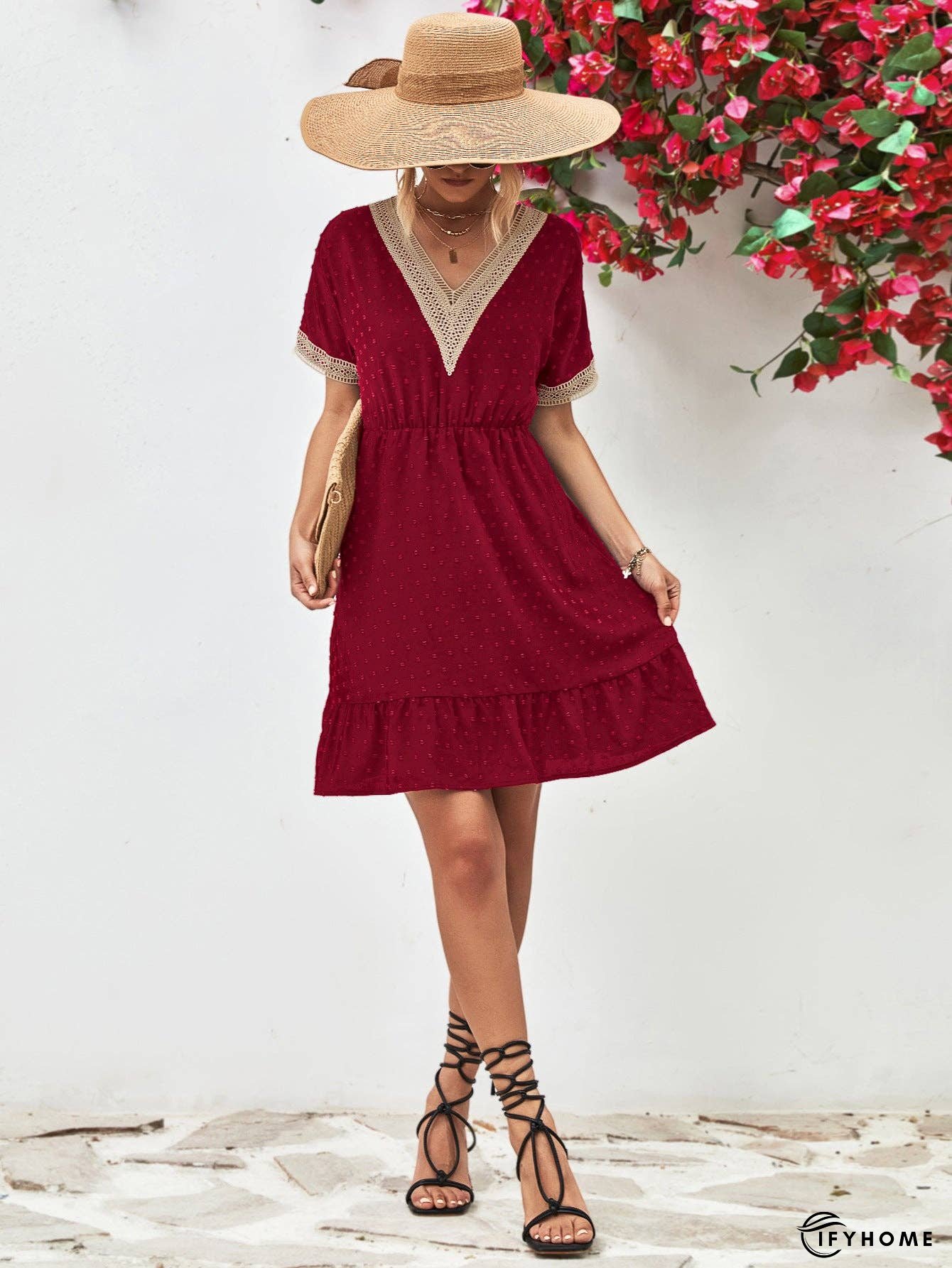 Contrast V-Neck Short Sleeve Mini Dress | IFYHOME