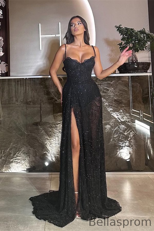 Bellasprom Black Spaghetti-Straps Sleeveless Mermaid Prom Dress With Split Sequins Bellasprom