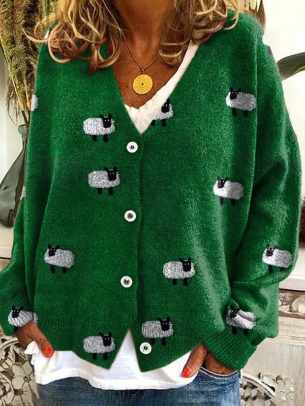 Women's Cute Sheep Casual Vintage Print Long Sleeve Cardigan