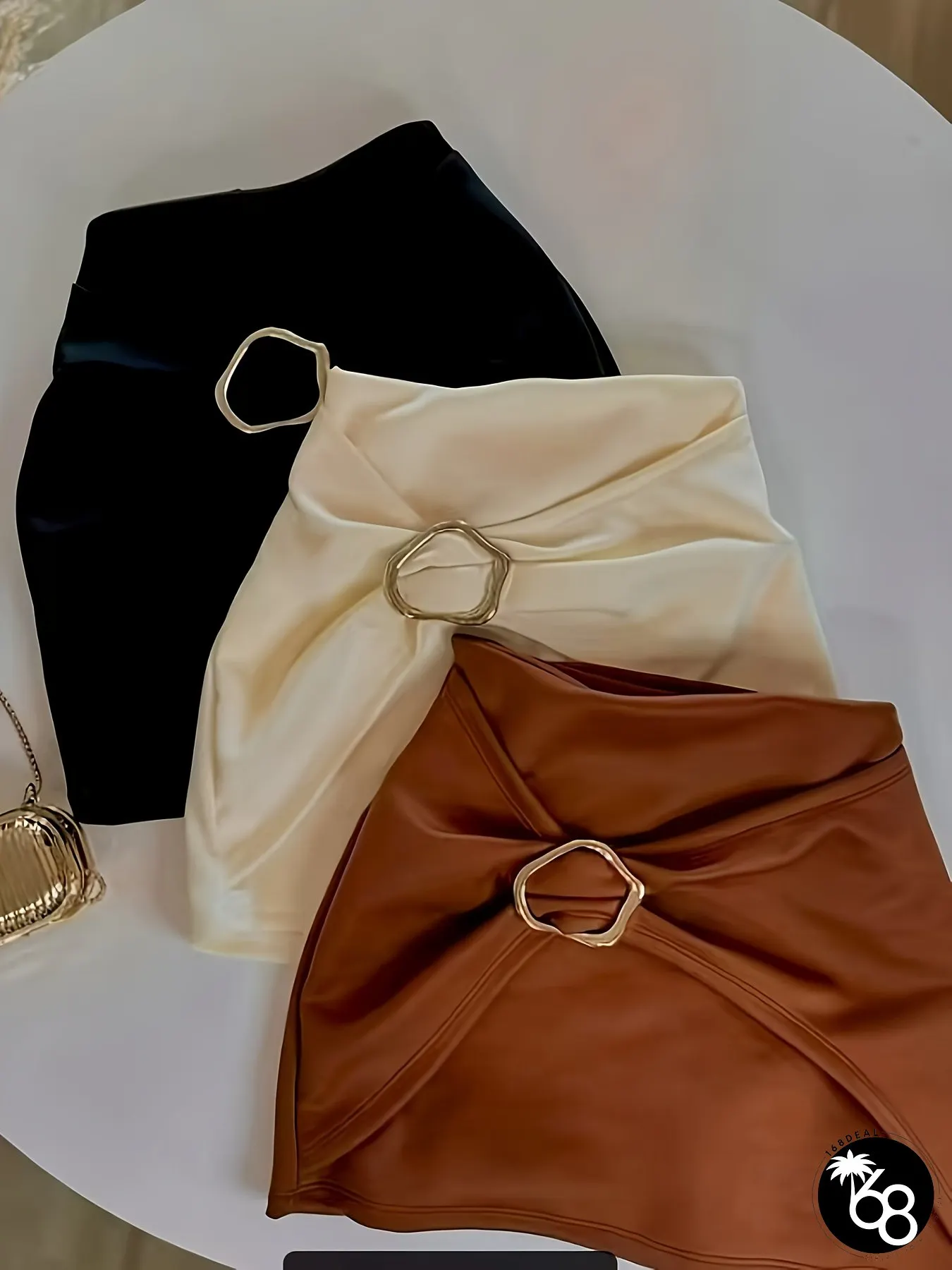 Elegant Metallic Ring Accent A-Line Skirt Stretchy Slim-Fit Short Length with Ruched Hem | 168DEAL