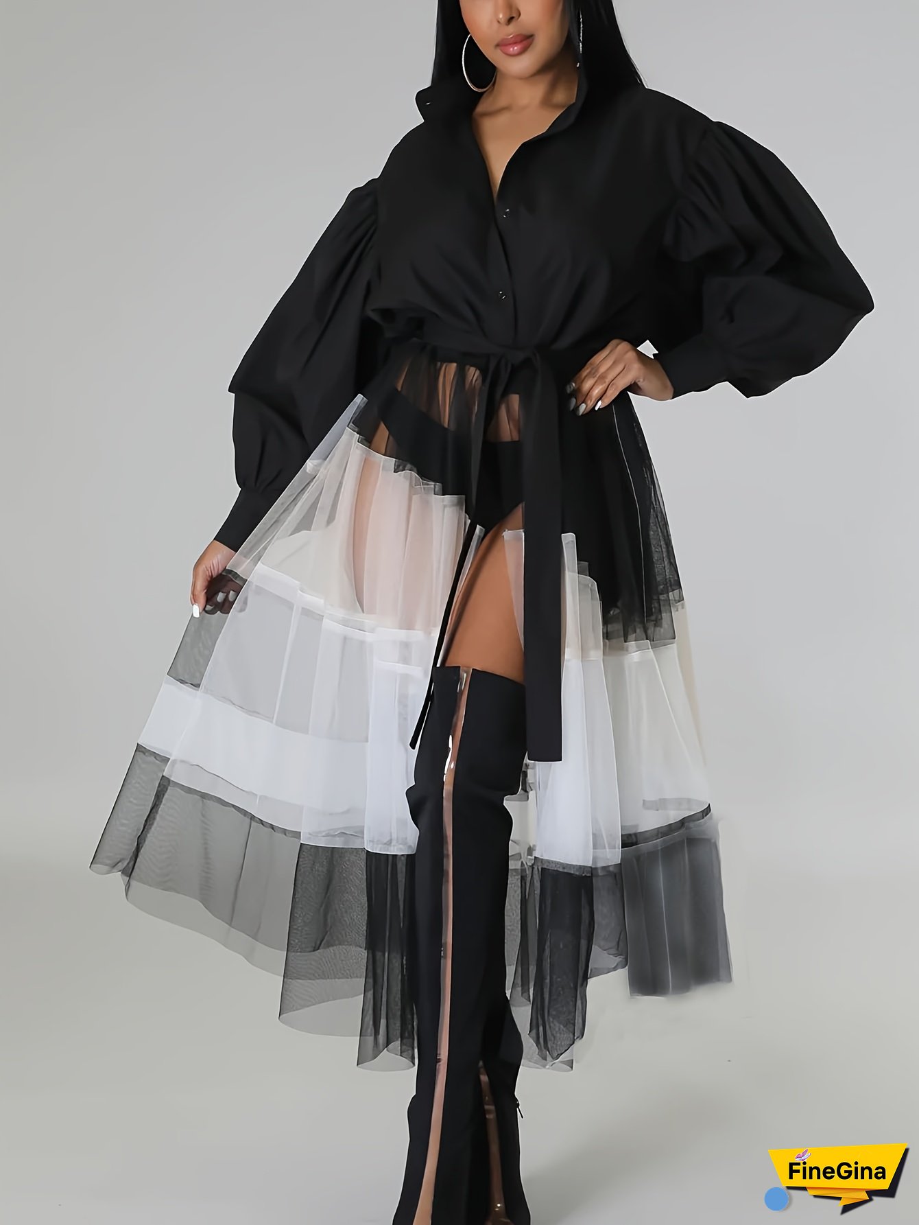 Women's Elegant Office & Casual Long Sleeve A-Line Shirt - Black & White Contrast Mesh Panel Blouse with Puff Sleeves, Classic Collar, Non-See-Through Fabric, Hand Wash Only, Ladies Blouses