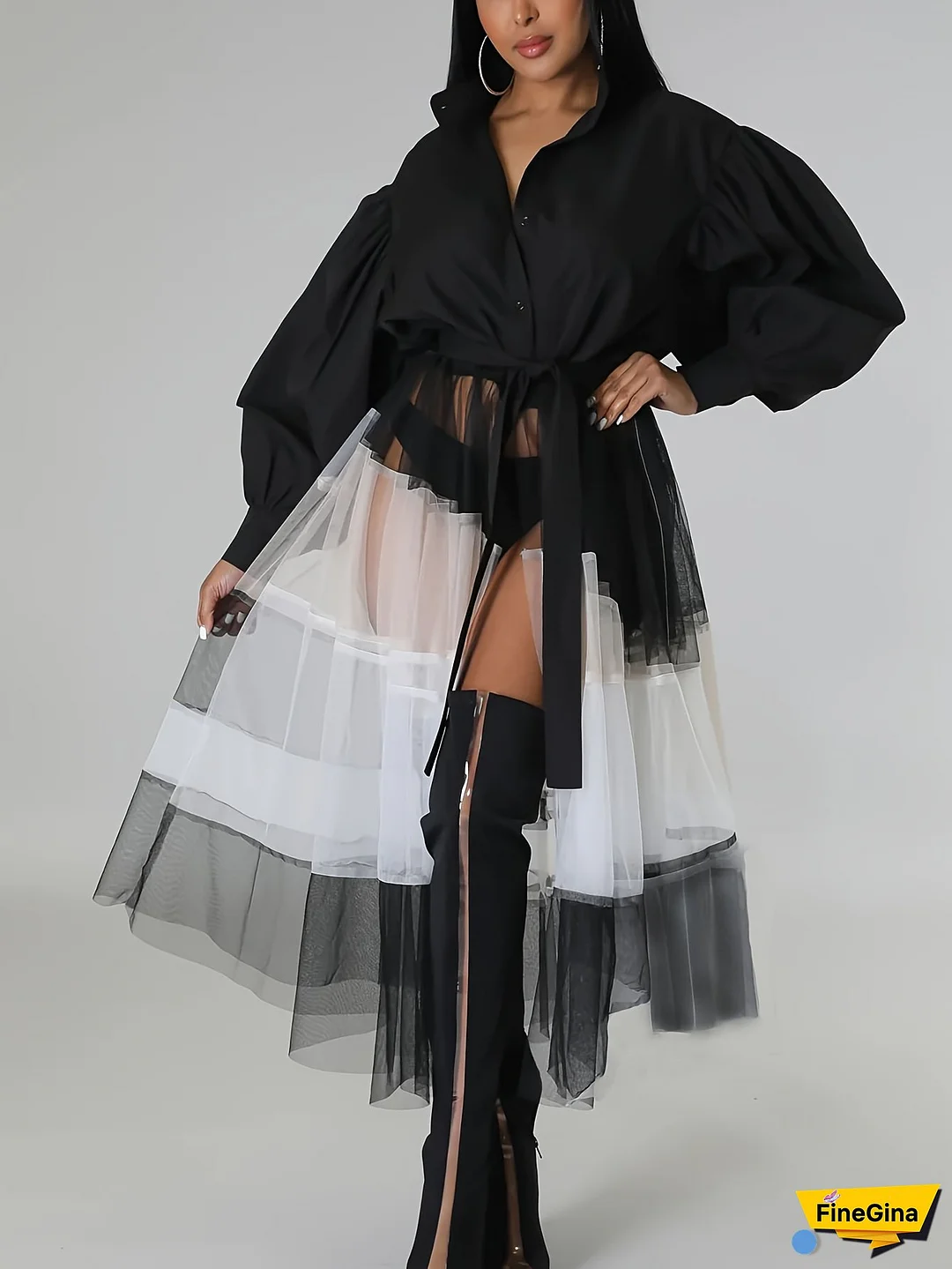 Women's Elegant Office & Casual Long Sleeve A-Line Shirt - Black & White Contrast Mesh Panel Blouse with Puff Sleeves, Classic Collar, Non-See-Through Fabric, Hand Wash Only, Ladies Blouses