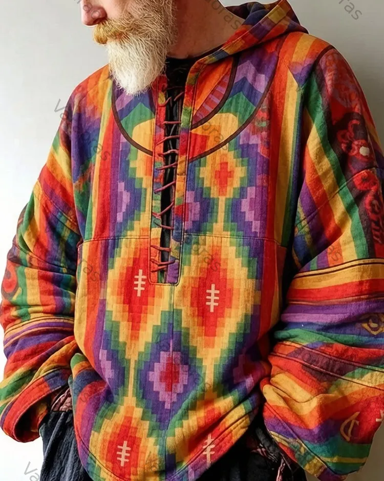 Men's Music Festival-Themed Colorful Diamond-Print Long-Sleeve Top 3254