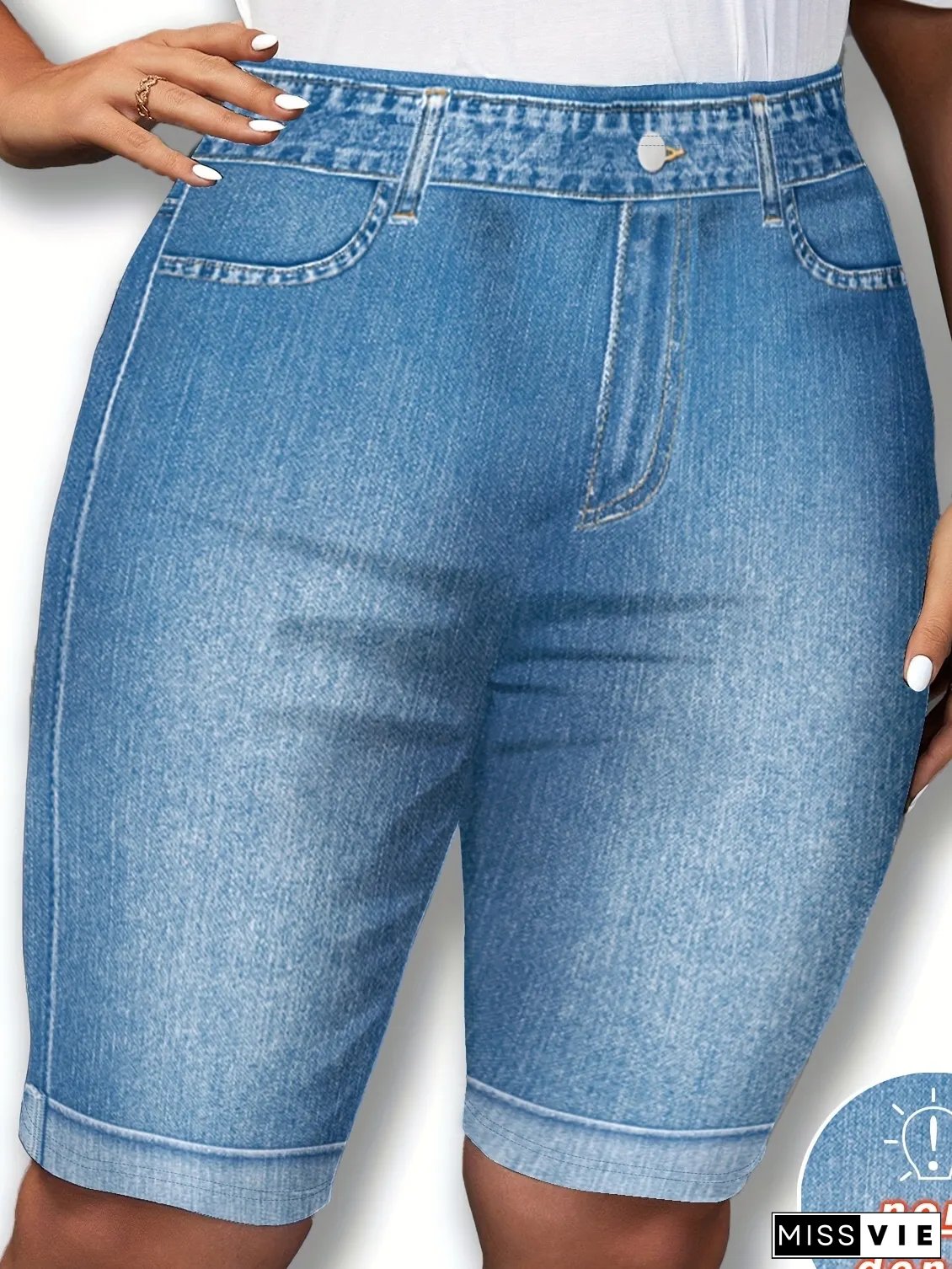 Womens Imitation Denim-Effect Slim-Fit ShortsSummerCasualOfficewithFauxPocketsMachine