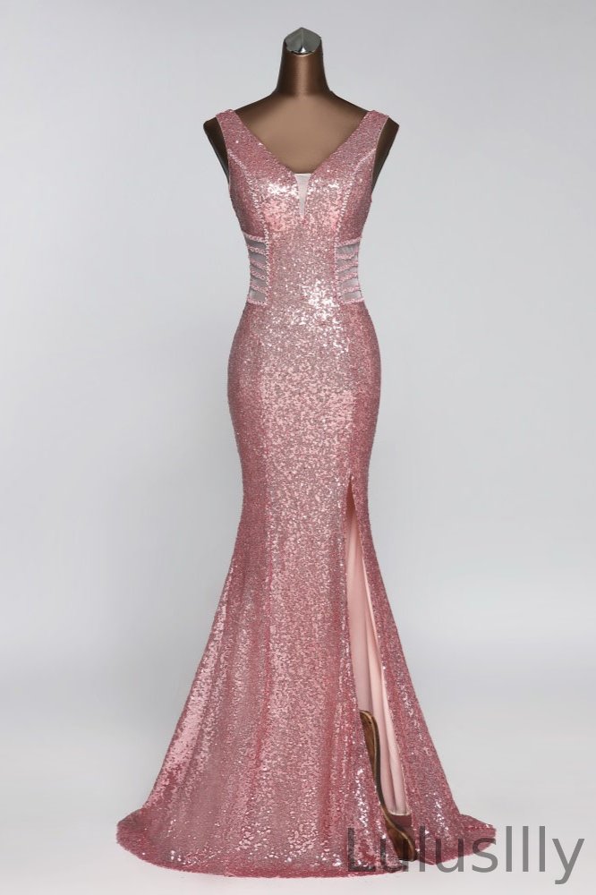 Gorgeous Sequins V-Neck Long Prom Dress Mermaid Evening Party Gowns With Slit - lulusllly
