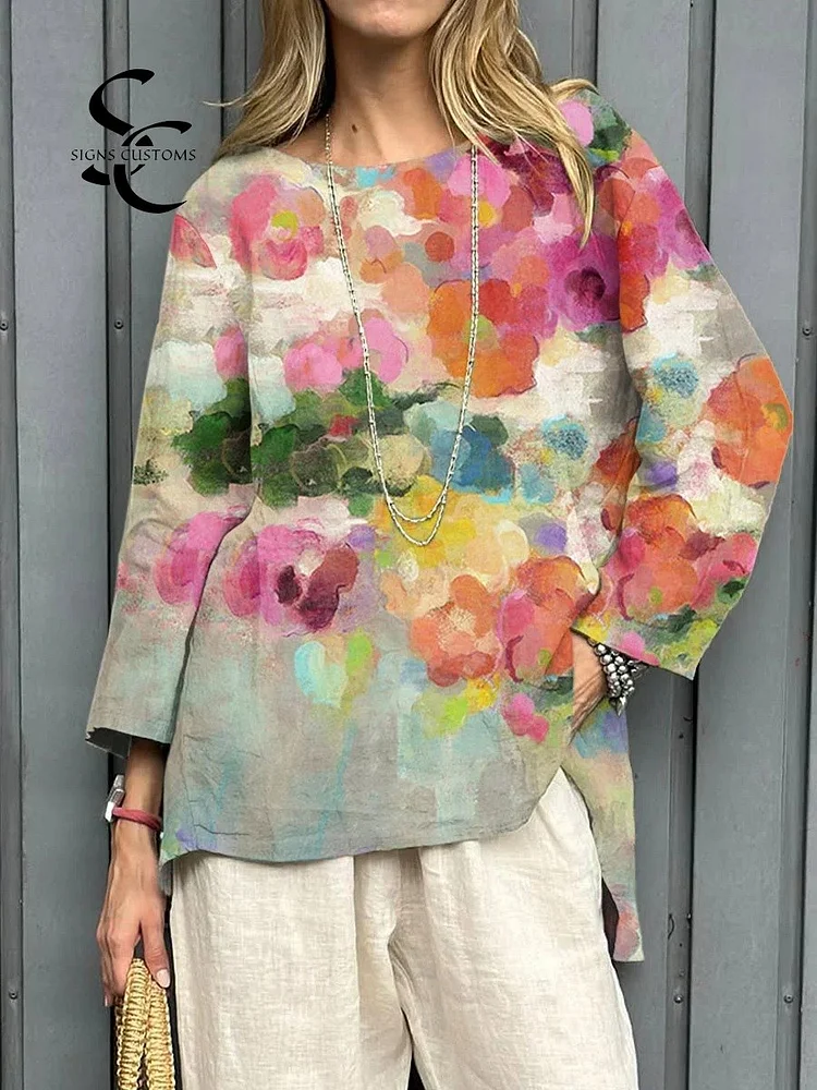 Women's Vintage Flowers Art Print Casual Linen Round-neck Shirt