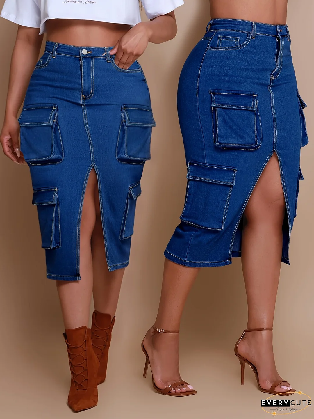 Plus Size Women‘s Blue Denim Cargo Skirt - Multi-Pocket Bag Hip Design, Knee Slit Hem, Niche Joker Slimming Style, Summer Fashion Overskirt
