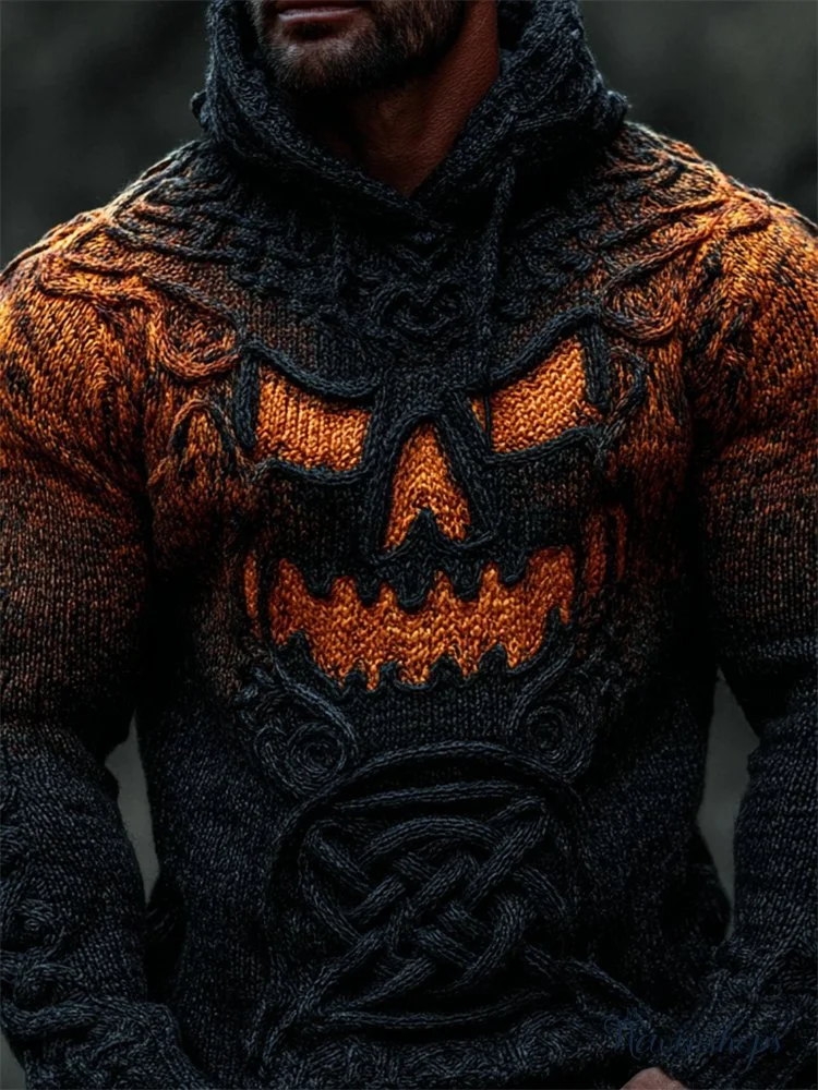 Men's Halloween Pumpkin Gradient Cozy Celtic Chunky Hooded Sweater