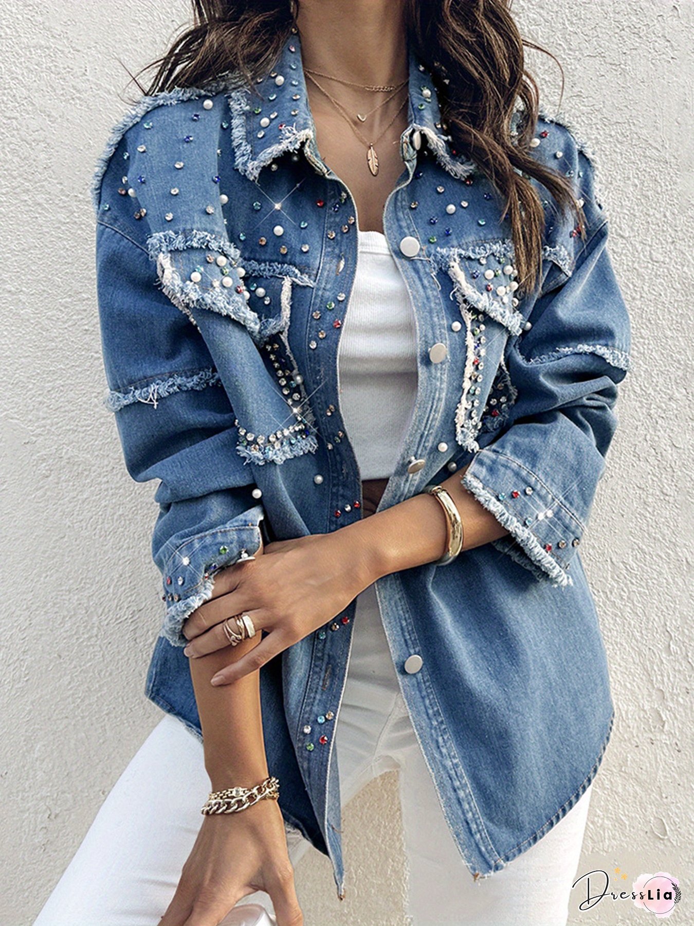 Womens Beaded Contrast-Color Denim Long-Sleeved Jacket