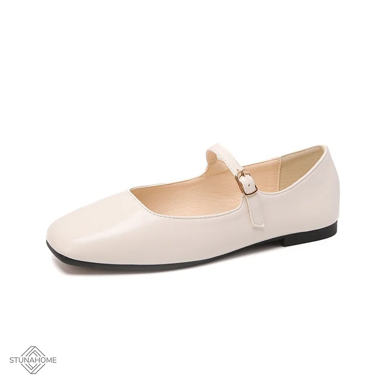 Mary Jane Square Head Retro Leather Flat Shoes  Stunahome.com