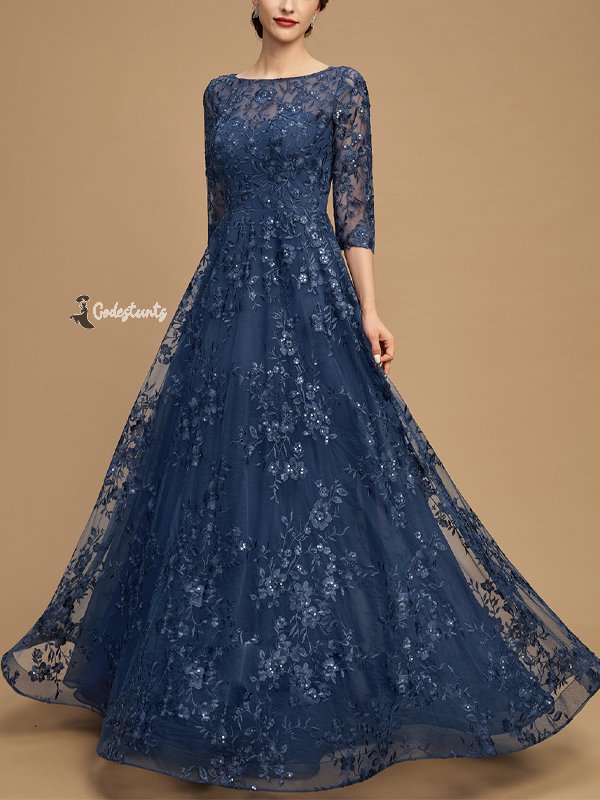 Round Neck Lace Long Sleeve Solid Color Maxi Dress