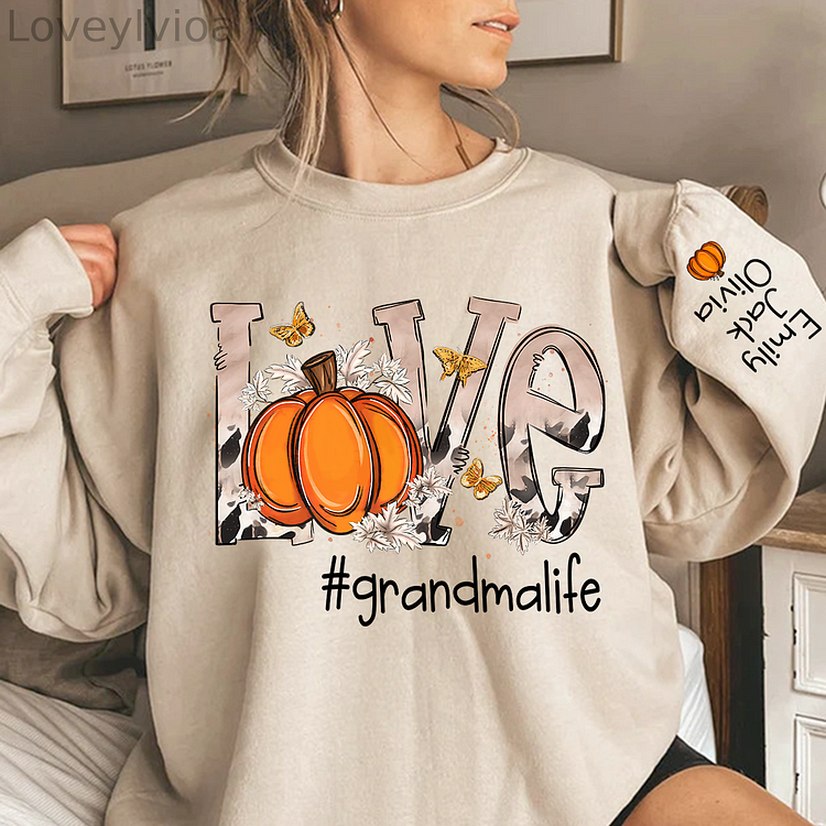 Personalized Love Grandmalife Pumpkin And Grandkids Sweatshirt,Sleeve Custom Thanksgiving Day