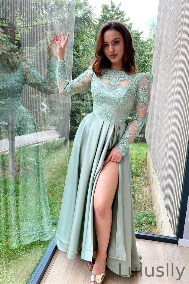 Luluslly Long Sleeves Split Long Prom Dress With Lace Appliques