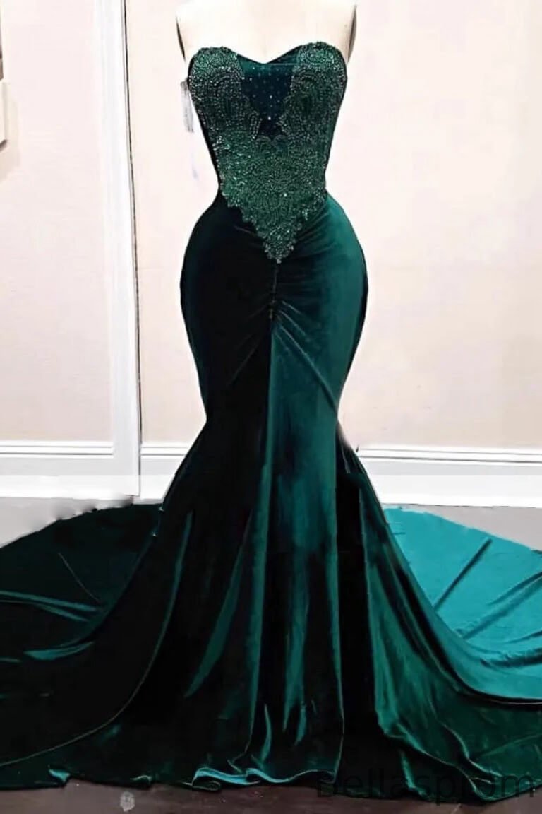 Bellasprom Dark Green Sweetheart Sleeveless Mermaid Prom Dress With Beadings Velvet Bellasprom