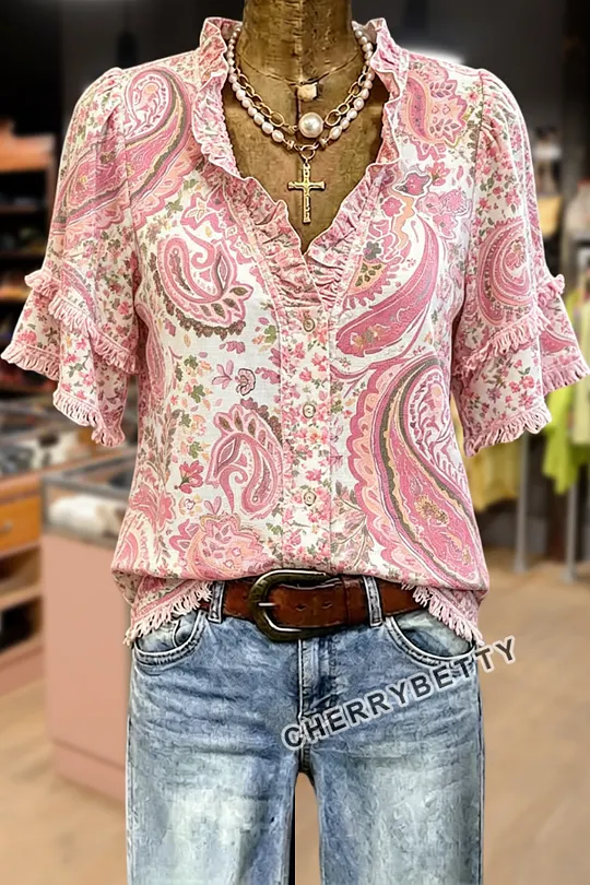 Vintage Flower Embroidered Ruffle Neck Frayed Hem Top