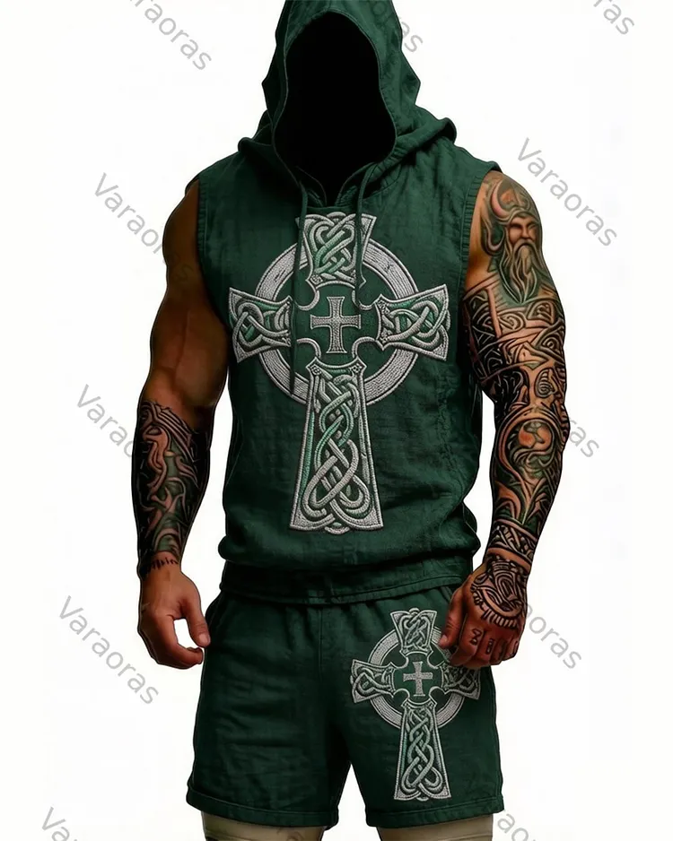 Men's Summer Fashion Viking Embroidered Short-Sleeve Hooded Top and Pants Two-Piece Set 2804