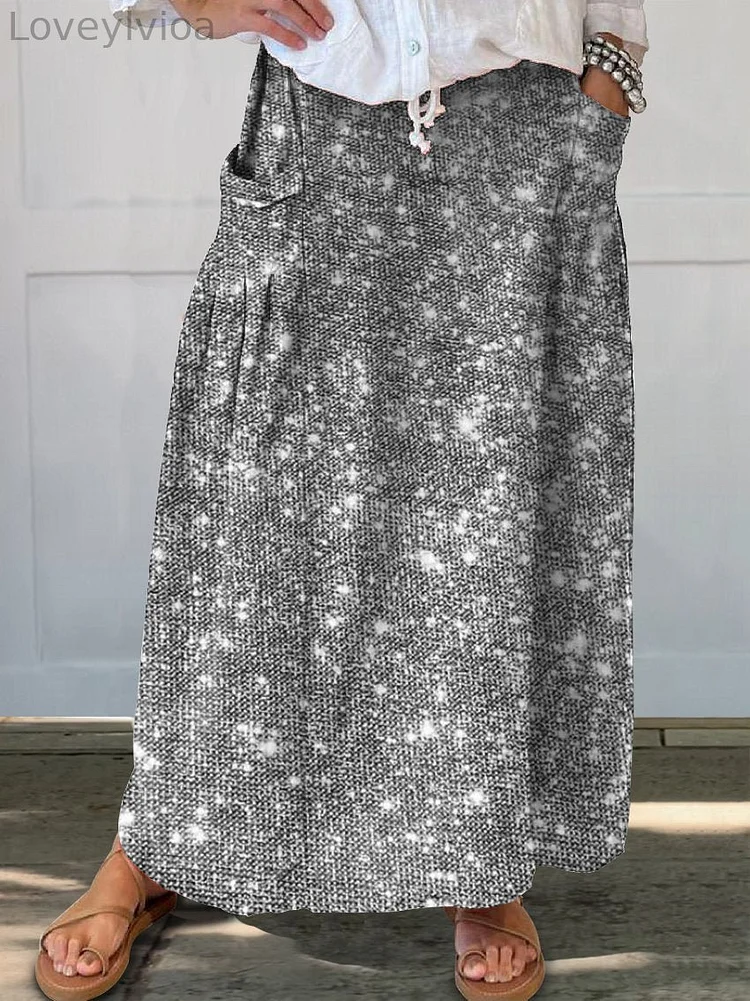 Women's Shiny Casual Print Linen Pocket Skirt