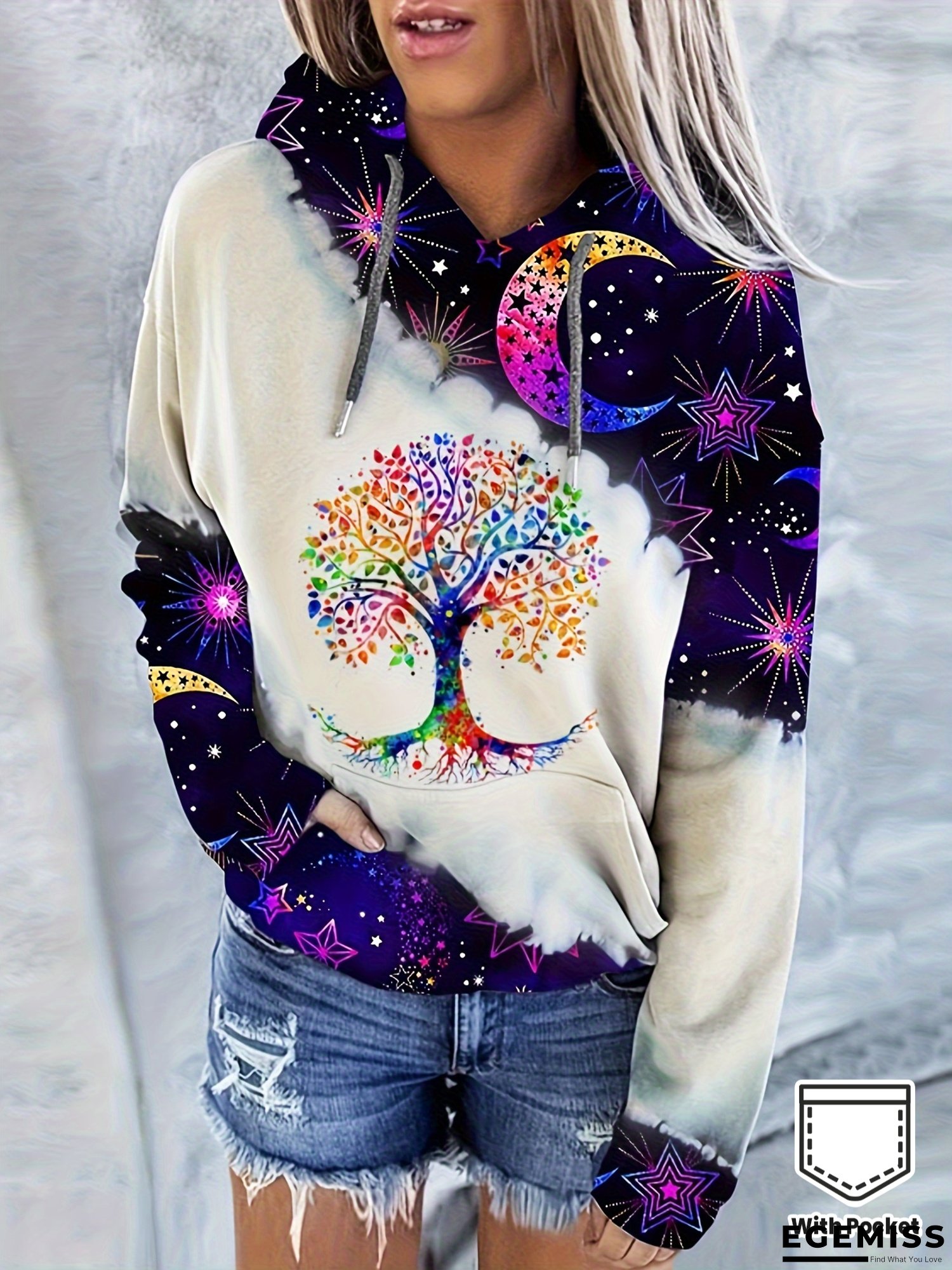 Women's Cosmic Tree & Stars Hoodie - Long Sleeve Pullover Sweatshirt with Kangaroo Pocket, Drawstring Hood - Soft Beige to Dark Purple Ombre - Everyday & Party Outfits - Machine Washable Women's Clothing, Versatile Clothing, Artistic Print | EGEMISS