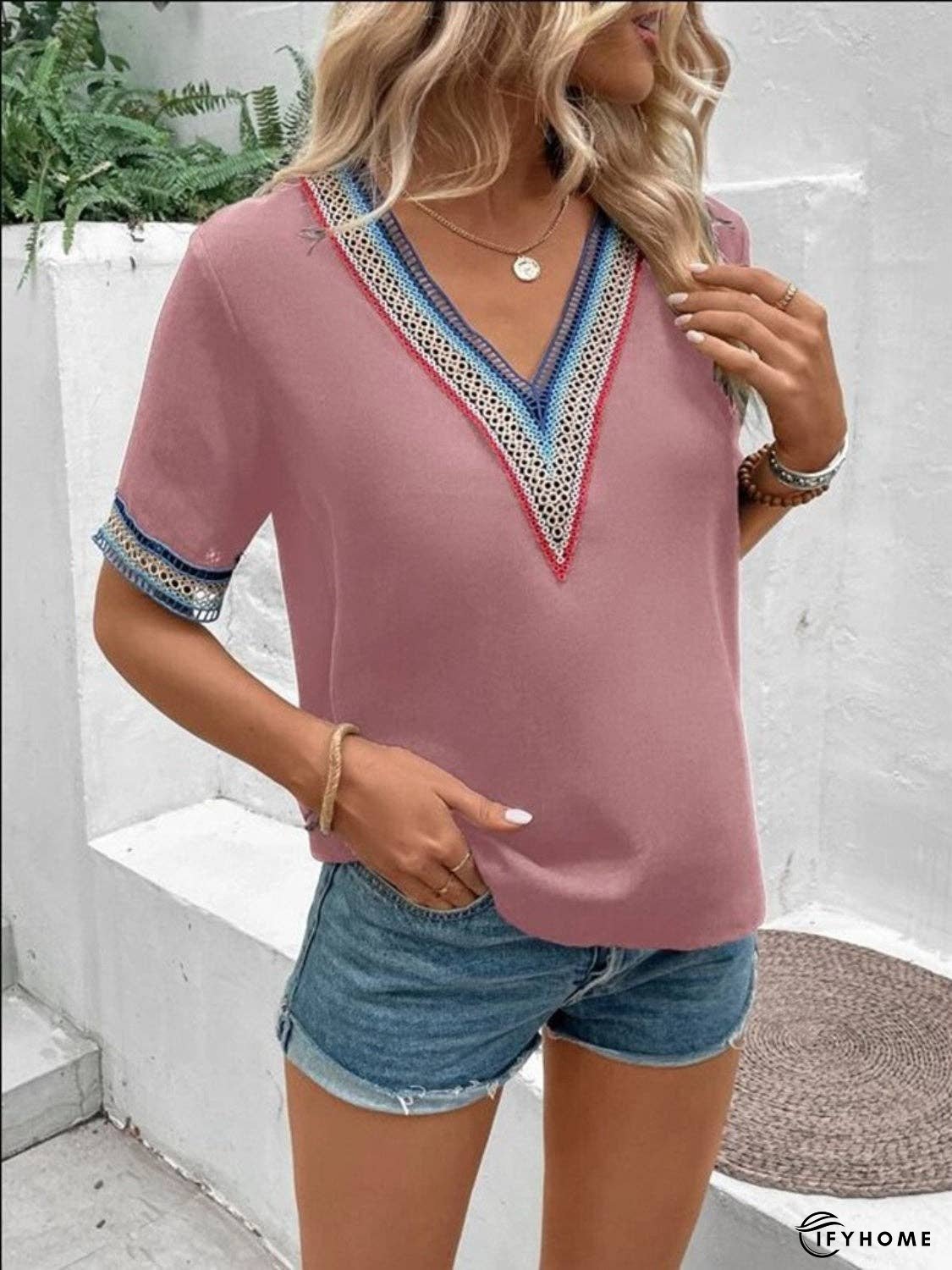 Full Size V-Neck Short Sleeve Blouse | IFYHOME