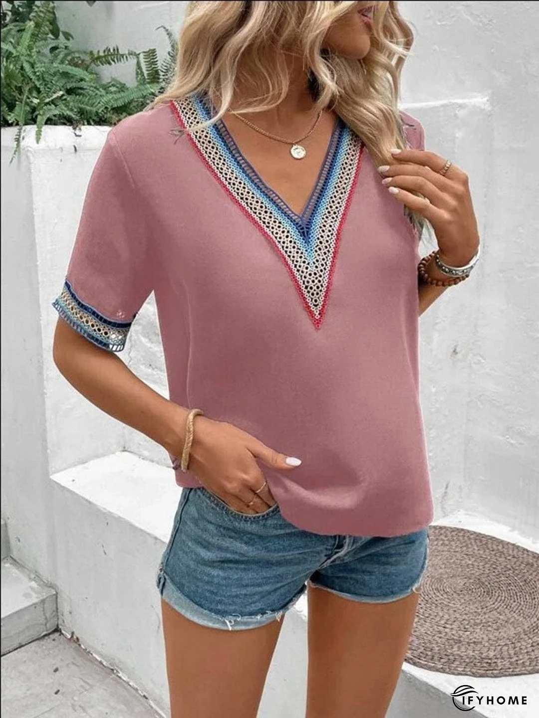 Full Size V-Neck Short Sleeve Blouse | IFYHOME