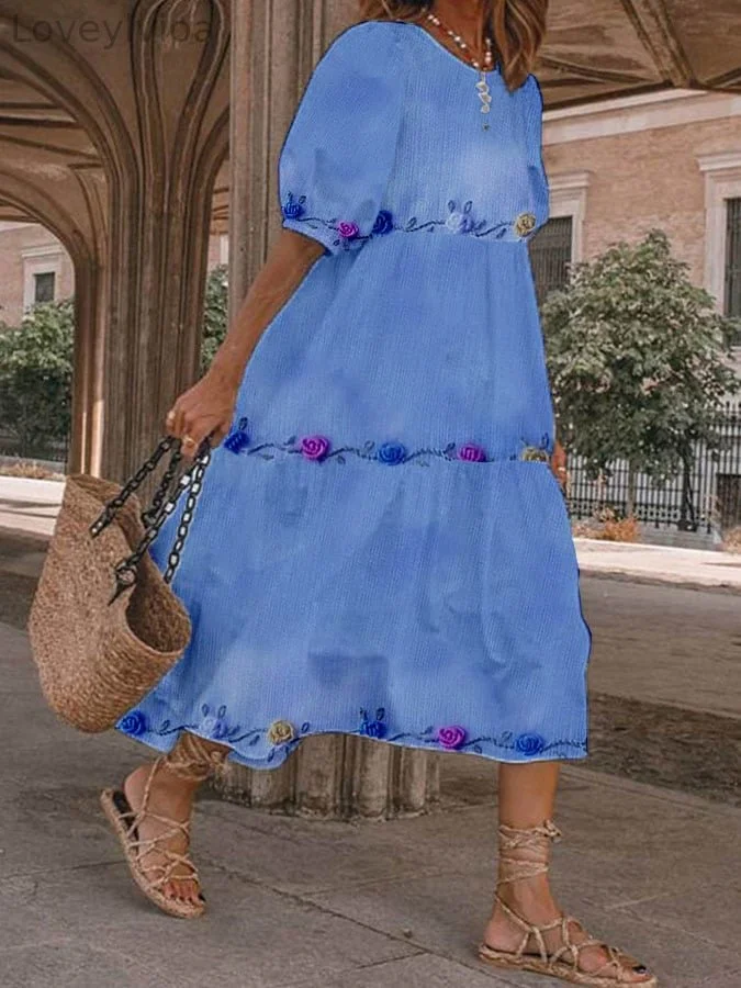 Women's Three-Dimensional Floral Print Lantern Sleeve Dress
