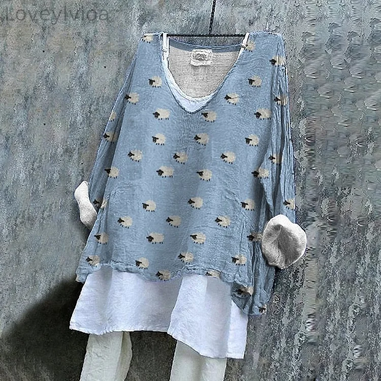 Women's Vintage Farm Sheep Art Cozy Linen Blend Tunic