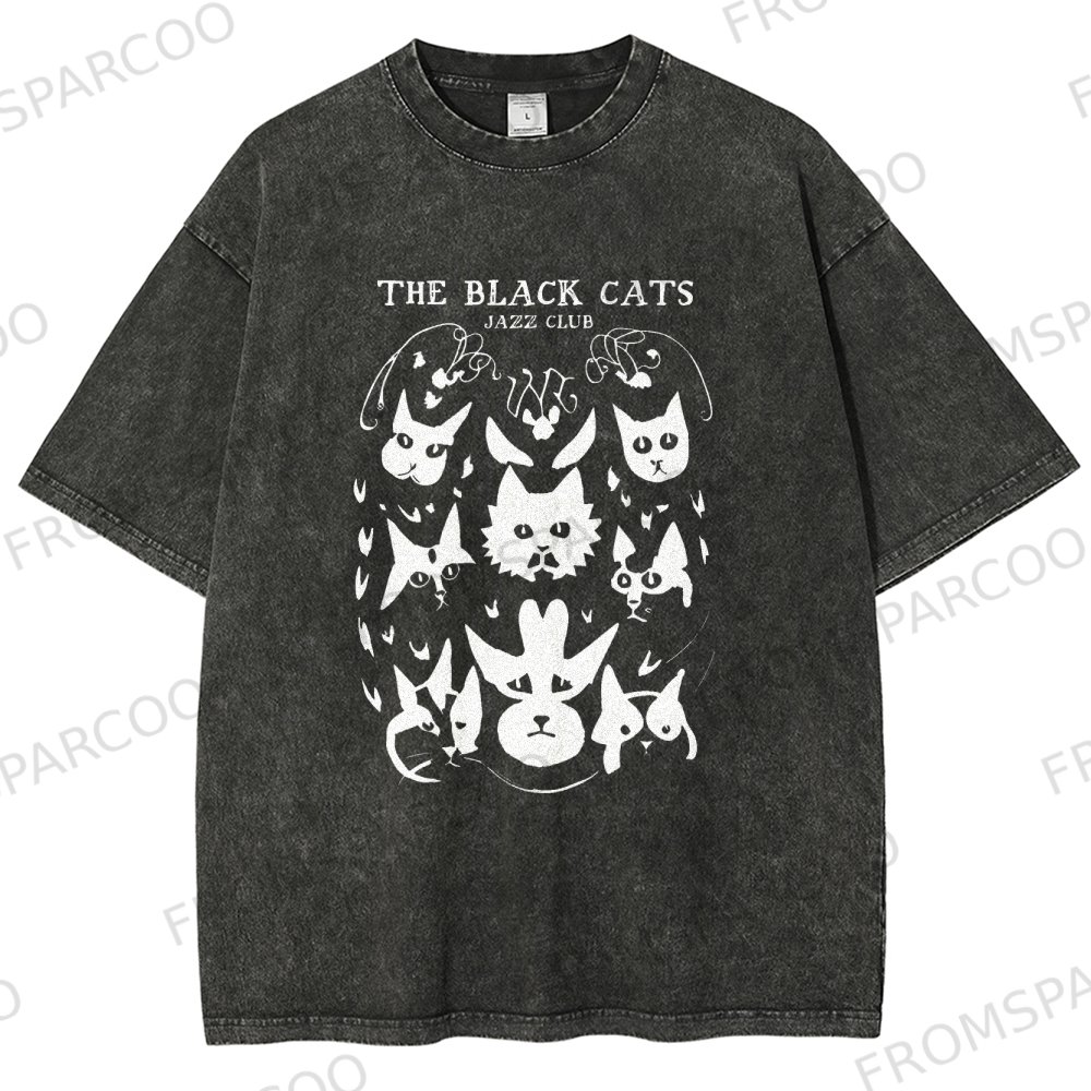 Cats Printed Washed Vintage Short Sleeves T-Shirt