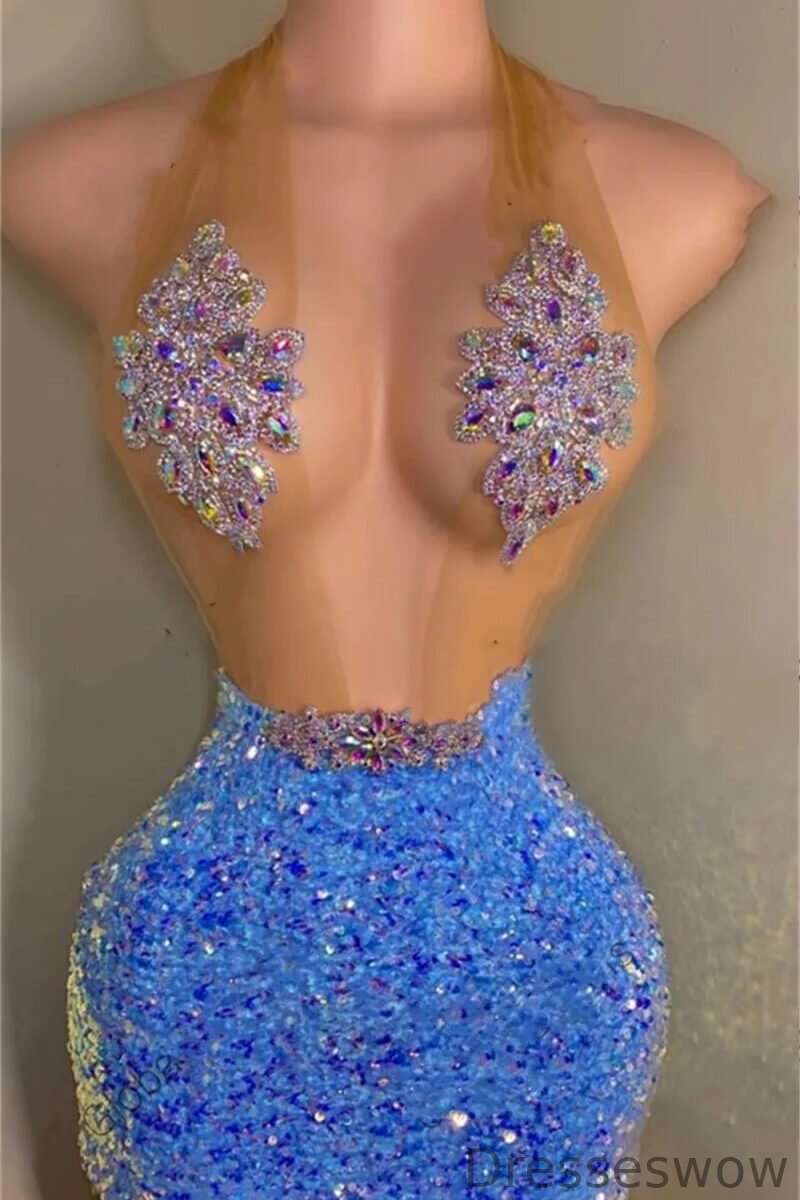 Dresseswow Blue Halter Sleeveless Short Evening Gowns With Sequins Beads Online
