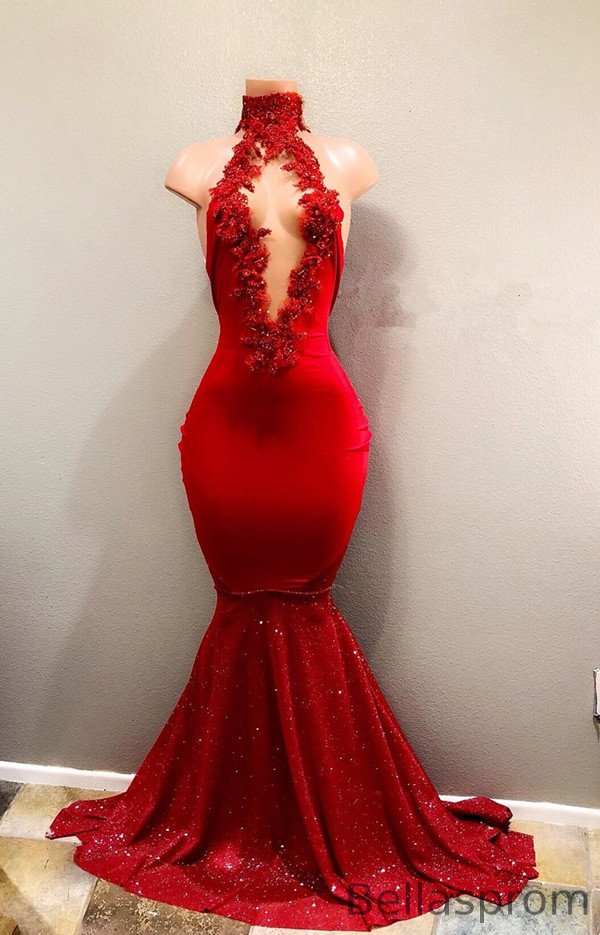 Bellasprom Red Mermaid Prom Dress Sleeveless With Appliques High Neck Bellasprom