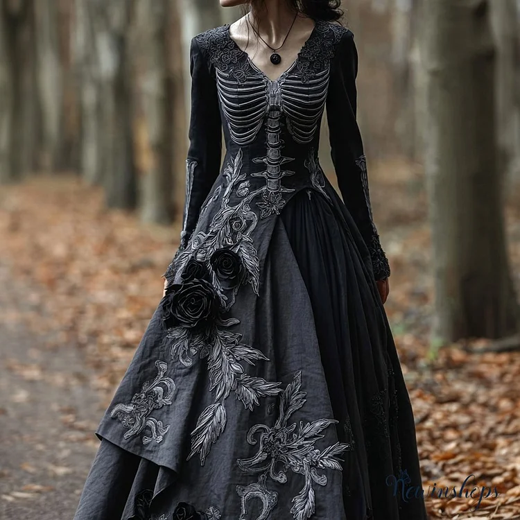 Vintage Skeleton & Roses Embroidered V Neck Flowy Maxi Dress