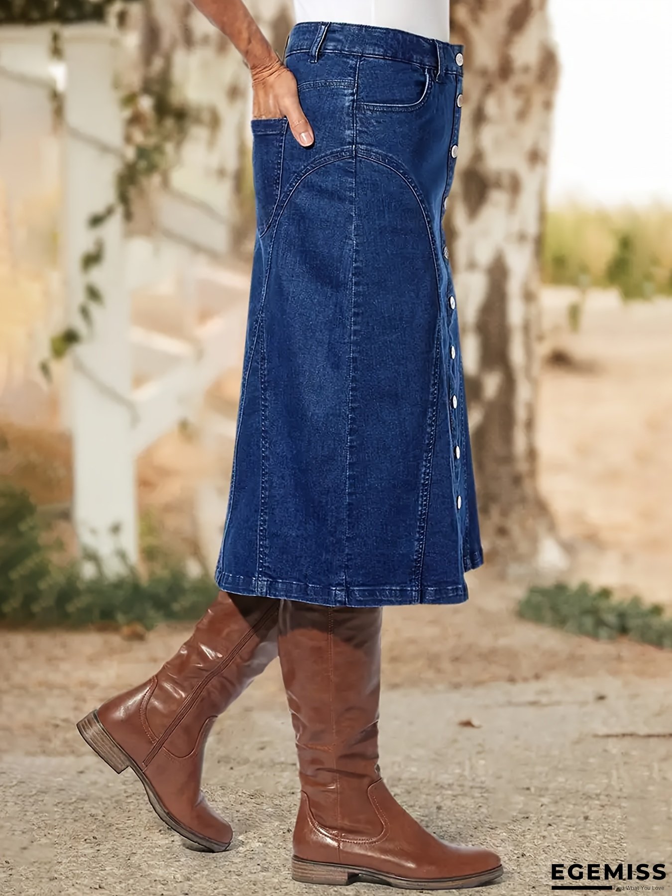 Women&lsquo;s Vintage Casual Button-Front A-Line Skirt - Elastic Denim Style Mid-High Waist Straight Cut, Machine Washable Solid Color, Perfect for Spring, Summer, and Fall, Seasonal Fashion Essential, High Waisted Skirt | EGEMISS