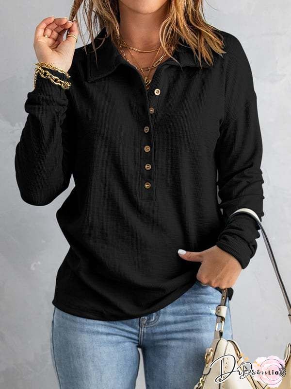 Women's Elegant Slim-Fit Long Sleeve Tunic Top - Short Length Round Neck Shirt with Button Closure, All-Season Layering Essential in Navy Blue & Solid Colors | Versatile Casual to Formal Wear | Tailored Fit for Daily Outfits & Special Occasions