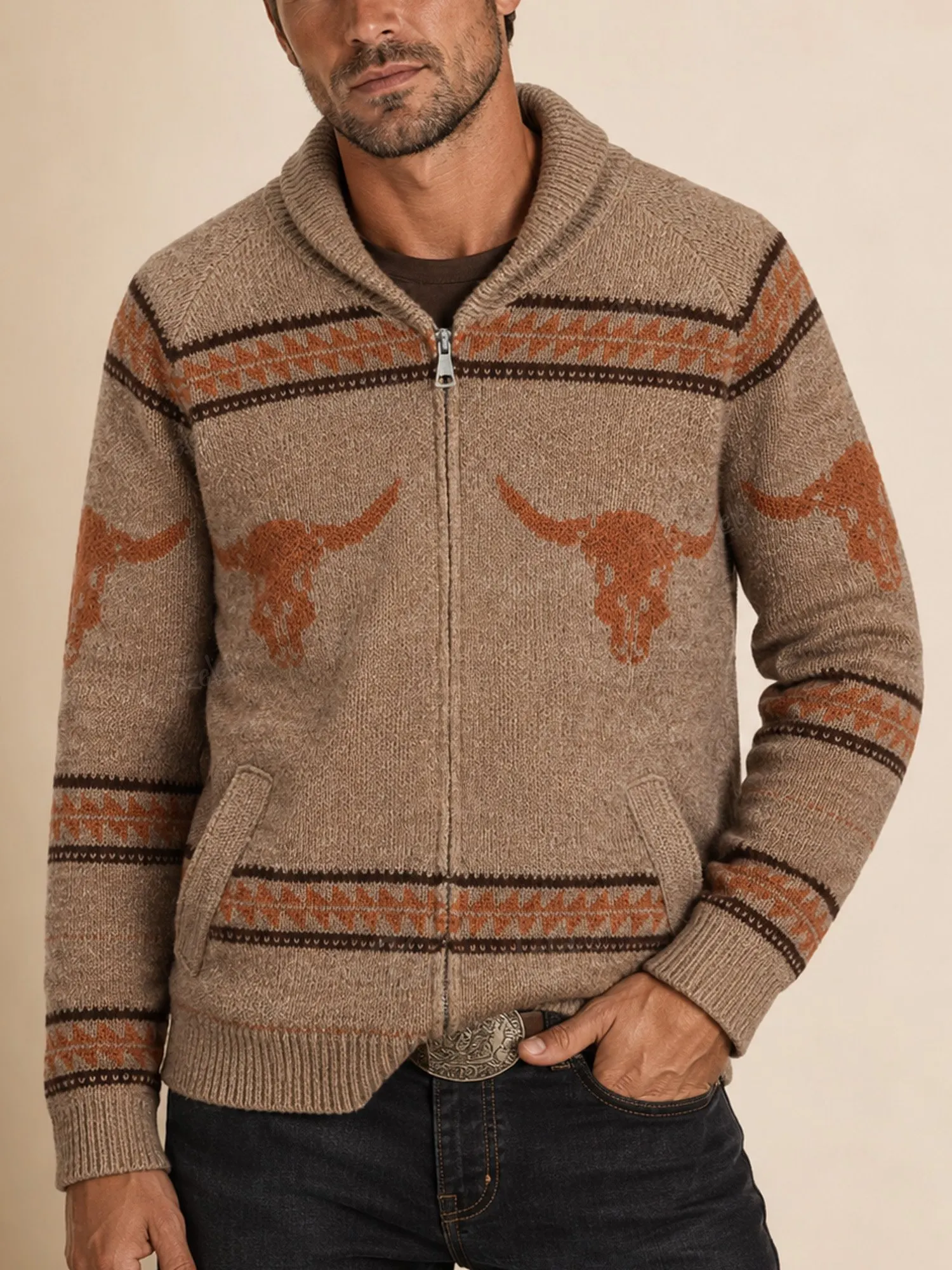 Perfect For Vintage Western Parties And Campfire Nights &mdash; Earth Tones, Vintage Aztec Bull Head Motif, Front Zip Pocket, Chunky Knit Men'S Sweater Jacket.