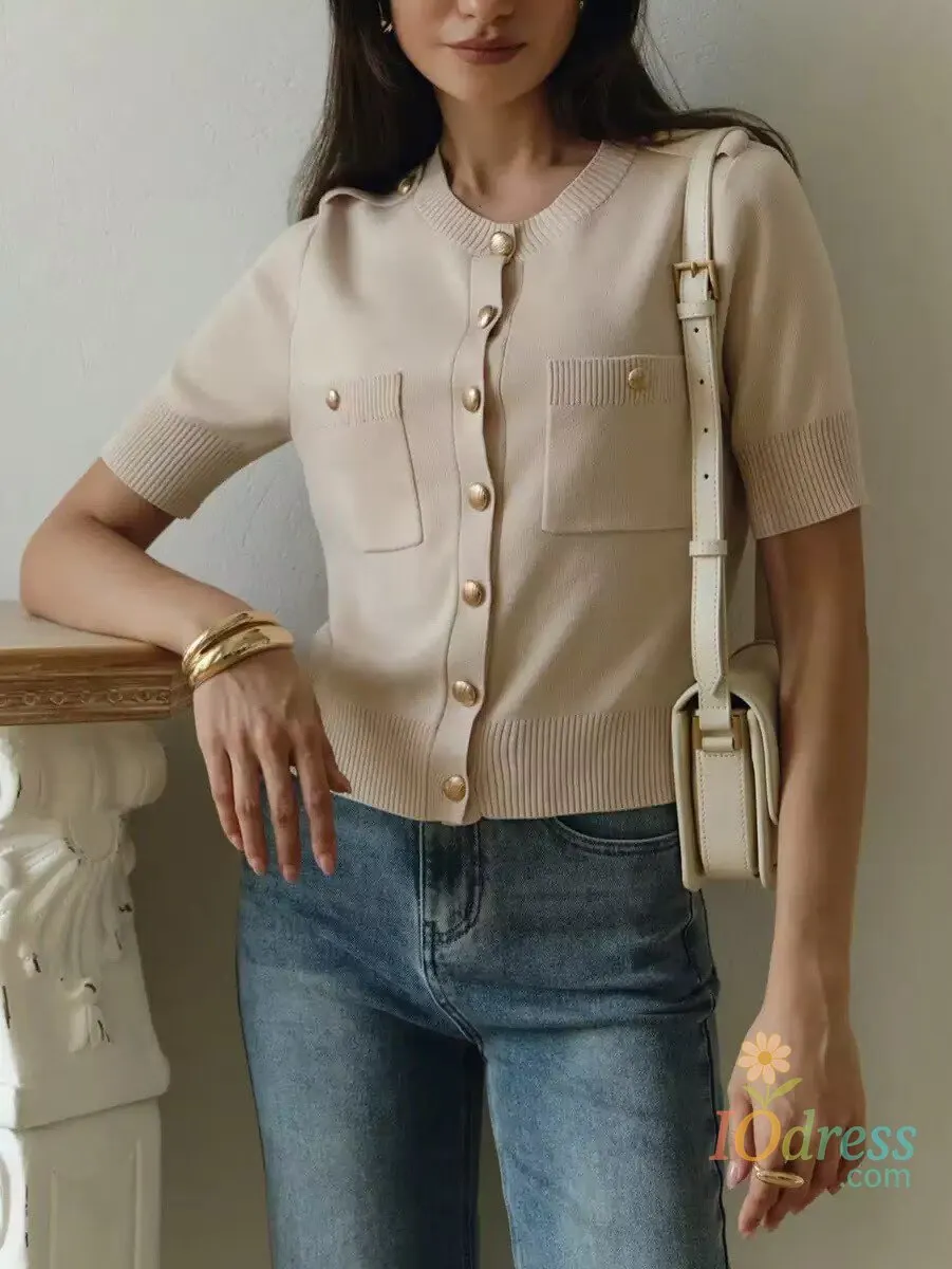 IO Dress 10 Colours Fashion Short Sleeve Knitted T-shirt Women O-neck Slim Cardigan Tops Chic Solid Summer New Button Design Sweater Tee IO Dress
