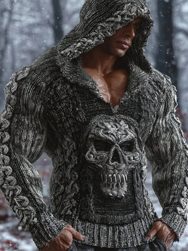 Viking Gothic Skull Art Men's Chunky Knit Hooded Sweater