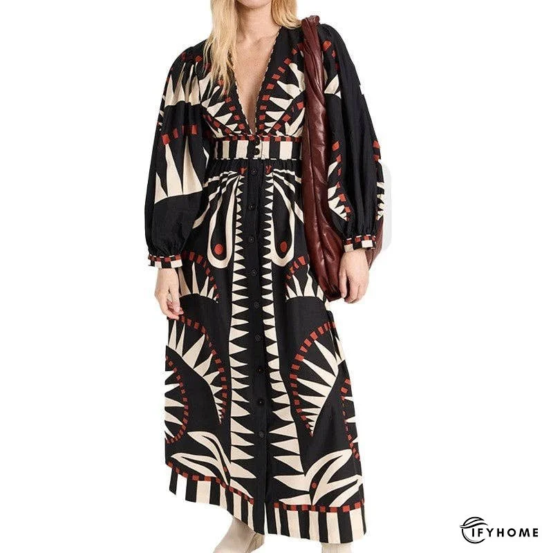 Lantern Sleeve Printed Cinched Waist Long Sleeve Dress | IFYHOME