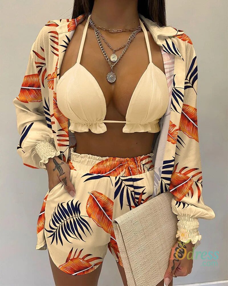 IO Dress 2024 New Bathing Suit Shorts Cover Up Summer Three Pieces Swimwear Sexy Beachwear High Waist Bikini Set Print Women's Swimsuit