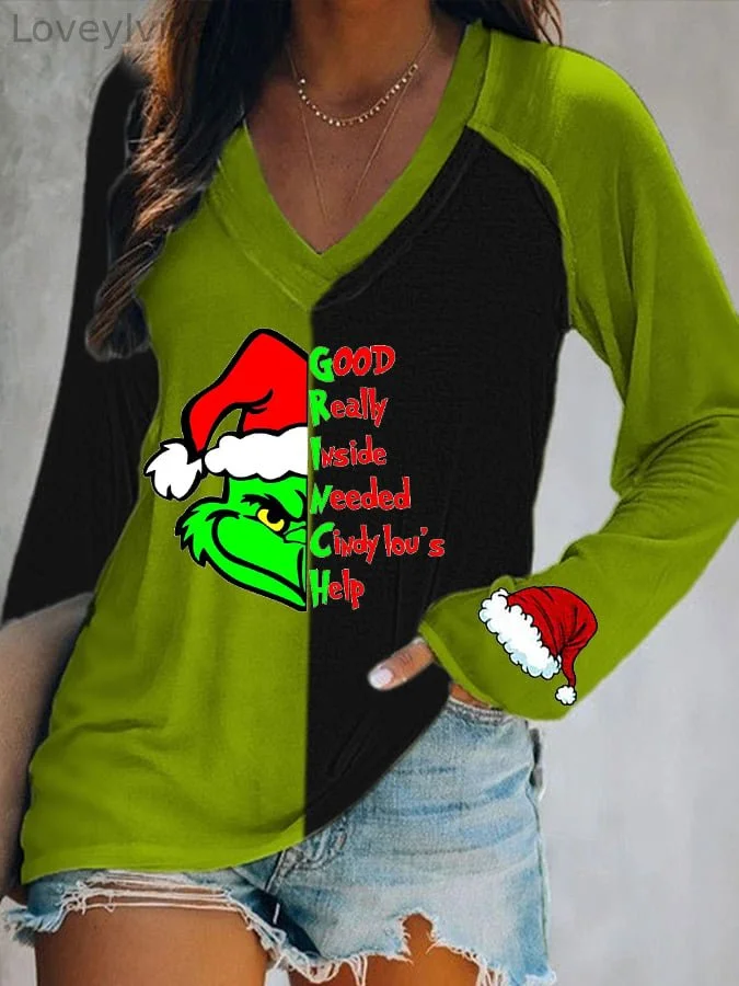 Women's Funny   Print Double Layer V-Neck Long Sleeve T-Shirt