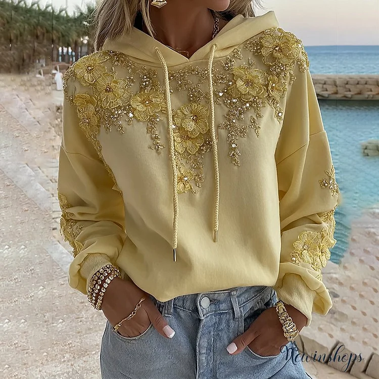 Women's Bohemian Yellow Floral And Gold Roses Embroidery Art Long Sleeve Hoodie