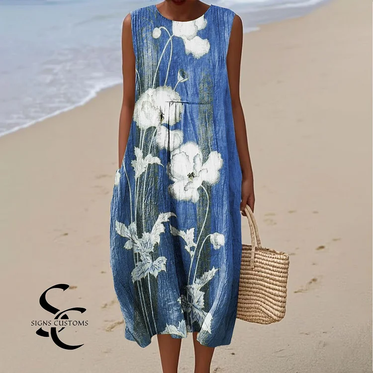 Women's Vintage Flower Art Print Sleeveless Cotton Pocket Wrap Dress