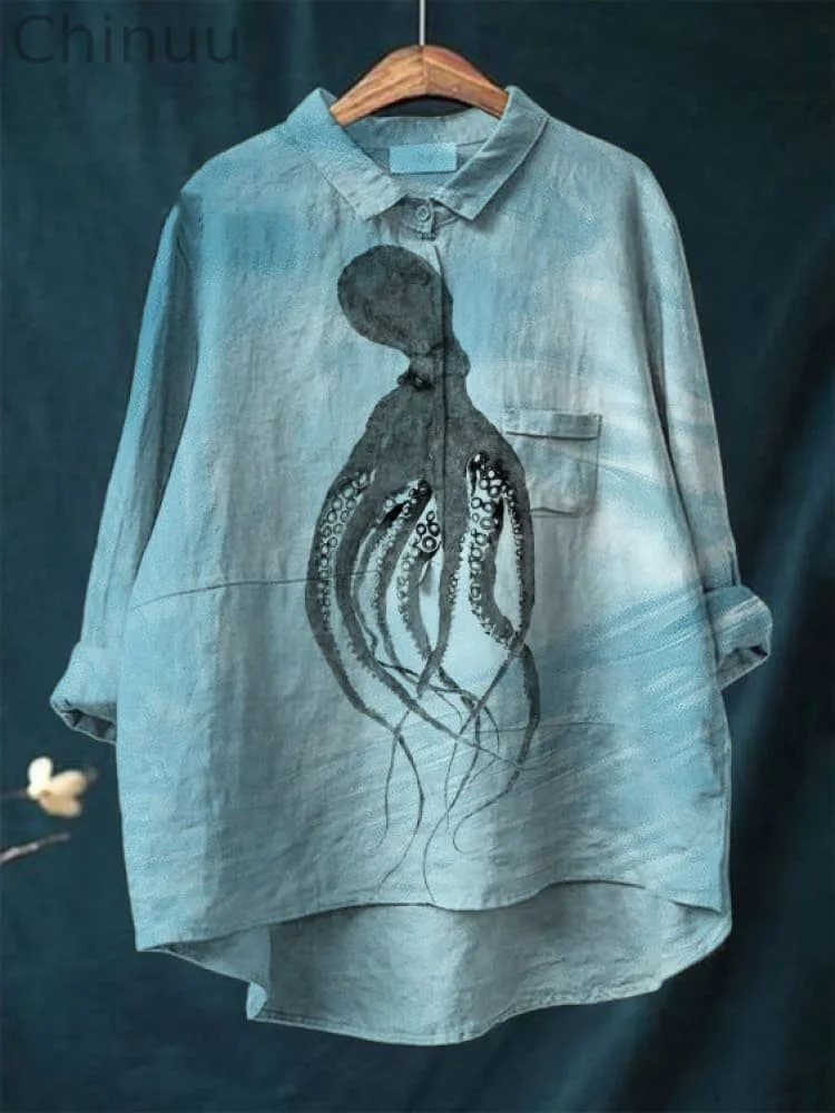 Vintage Japanese Octopus Pattern Art Print Casual Cotton And Linen Shirt
