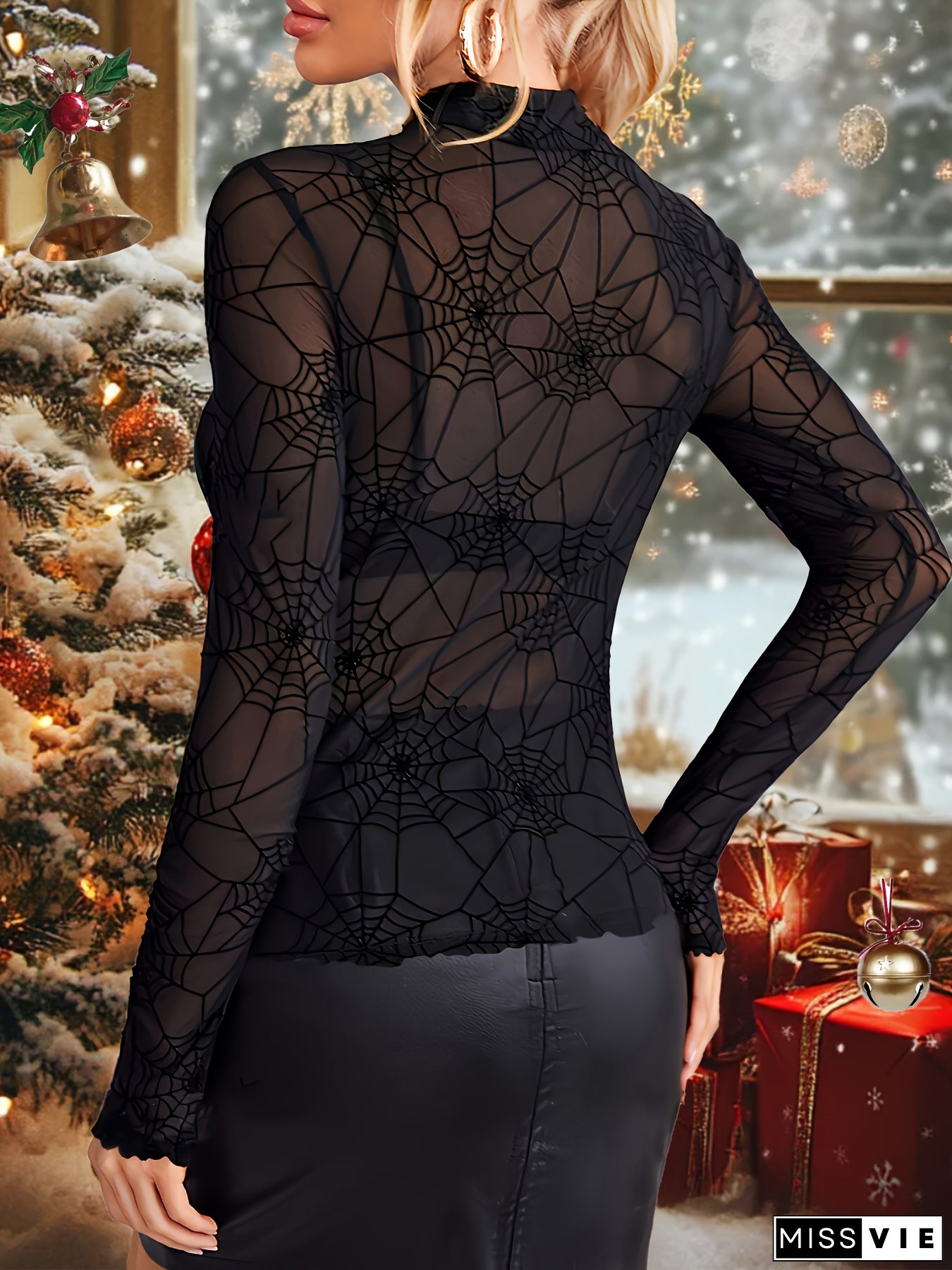 Women's Elegant High Neck Mesh Top - Sexy Semi-Sheer Geometric Spiderweb Design, Stretchy Long Sleeve Fitted Blouse for Christmas & Year-Round Wear (Machine Washable), Mesh Long Sleeve Blouse, Festive Occasion Wear, Breathable Material