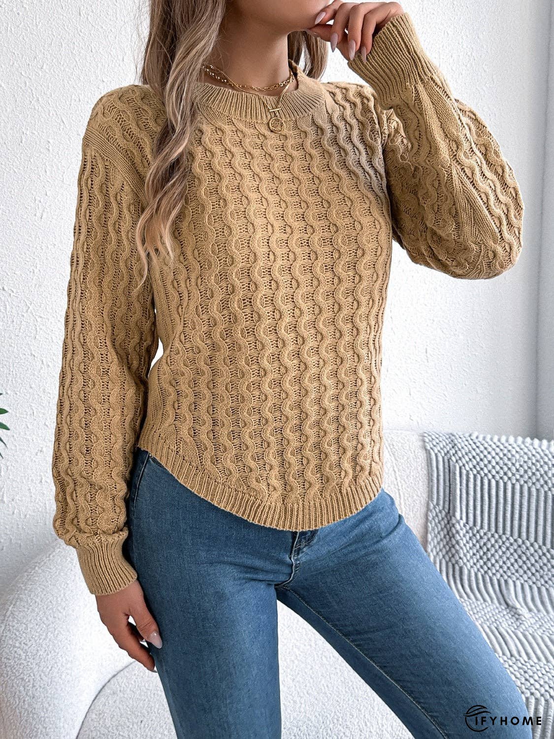 Asymmetric Hem Round Neck Long Sleeve Sweater | IFYHOME